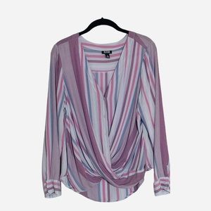 a.n.a. Long Sleeve Striped V-Neck Blouse in Pretty Pastel Colors & Hi-Lo Hem Lg.